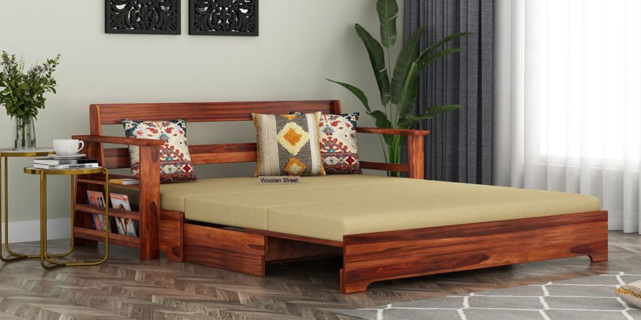 Della Sofa Cum Bed With Armrests (Honey Finish)