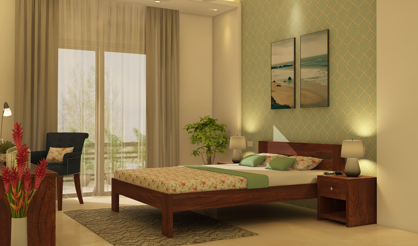 2BHK guest room with double bed and olive accents